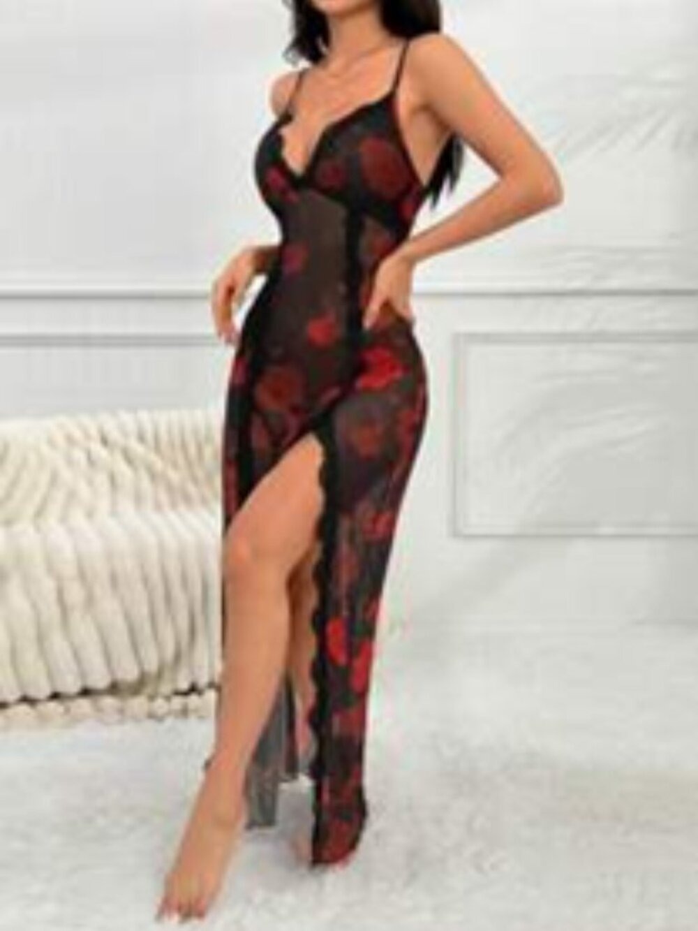 OYOANGLE Floral Print Sheer Chemise Mesh Maxi Nightgown V-neck Front Slits